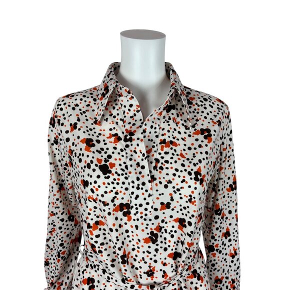 Vintage 70s Spotted Top Women's Medium Orange Brown Border Print Collared Shirt - Picture 2 of 8